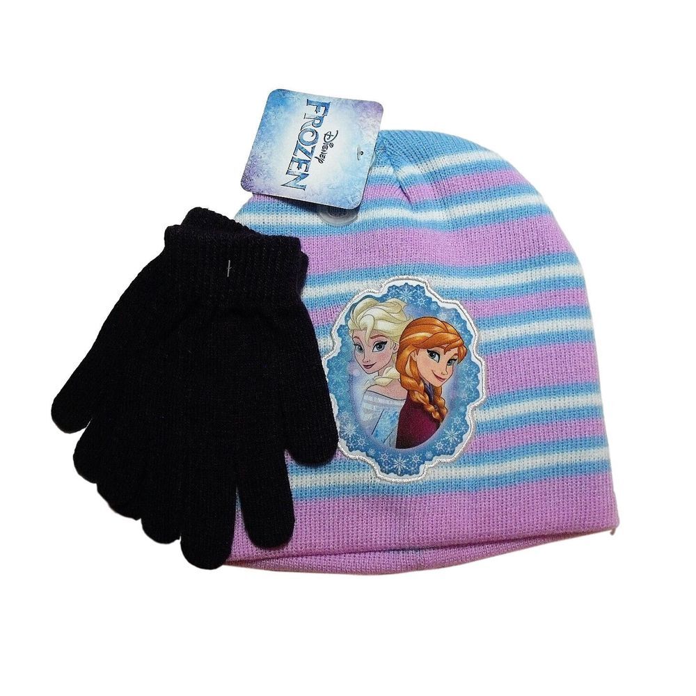 Disney Frozen Anna Elsa Purple Blue Striped Knit Beanie Winter Hat Gloves‎ NWT